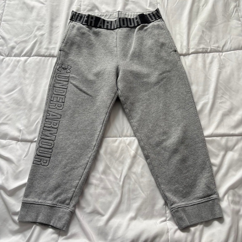 Under Armour Girls Gray Fleece Jogger Sweatpants Logo Elastic Waistband